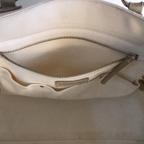 Banana Republic tote Coastal Grandma white canvas tan suede top handle beach bag - Picture 5 of 11